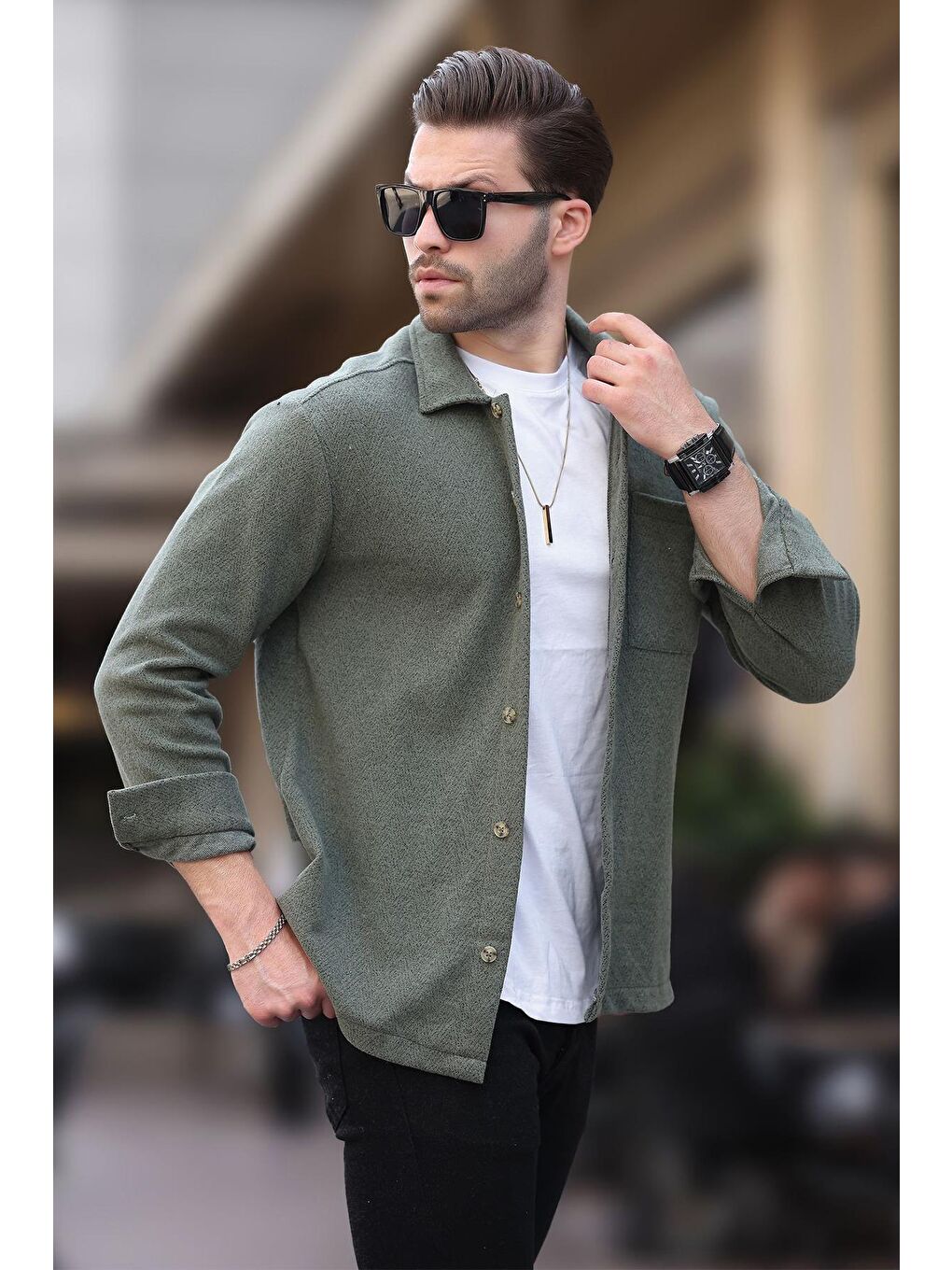 Haki Desenli Tek Cep Erkek Polar Gömlek 6752