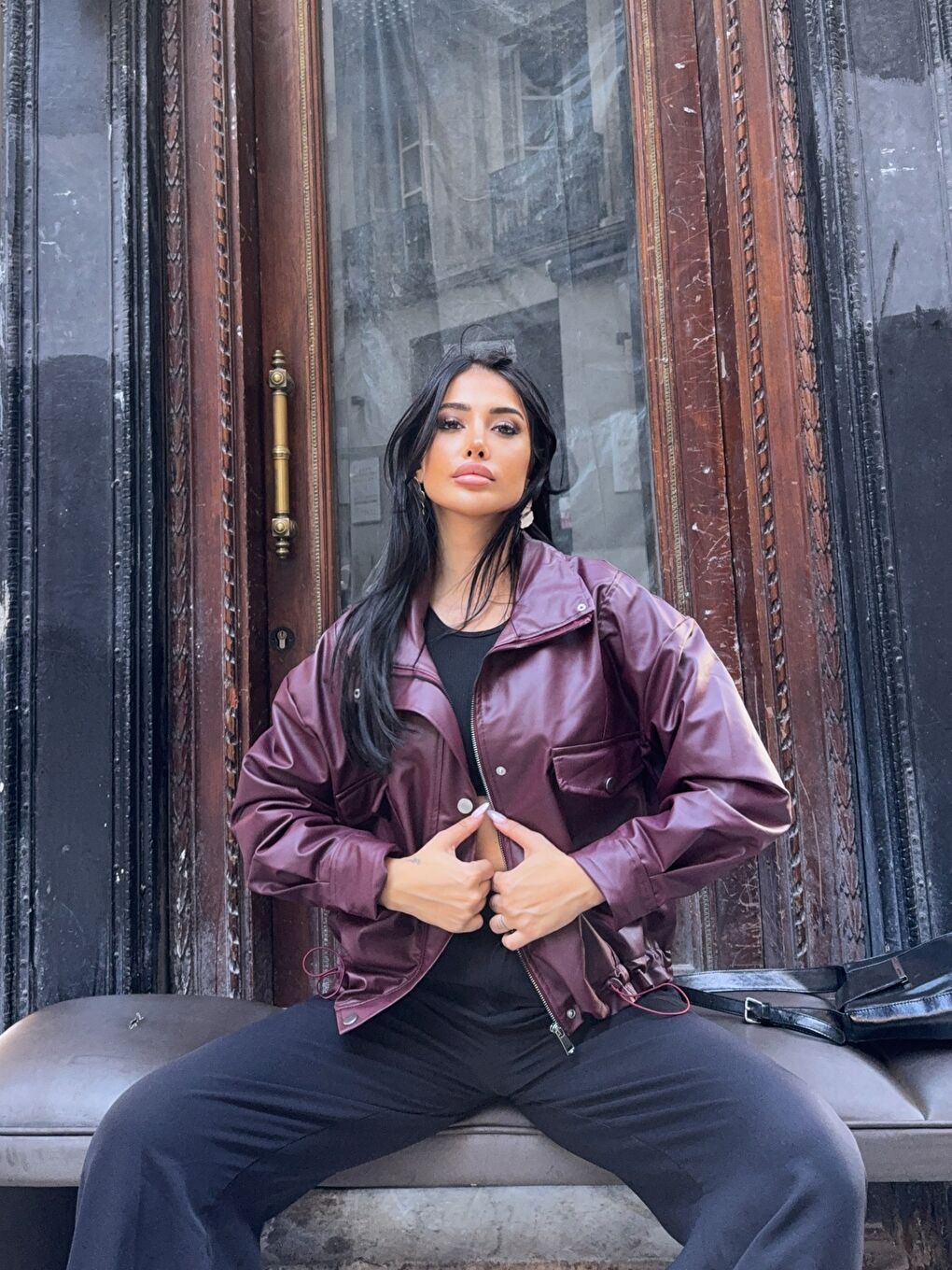 Bordo Bel Lastik Detay Deri Ceket