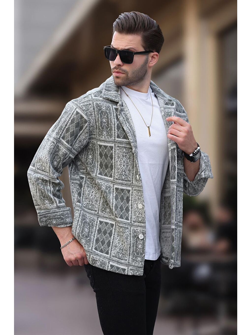 Haki Desenli Tek Cepli Erkek Polar %100 Pamuk Gömlek 6751