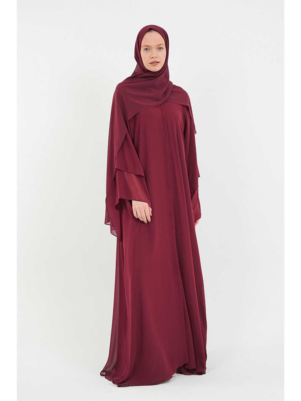 Bordo Kadın Şifon Abaya Ferace & Şal-4
