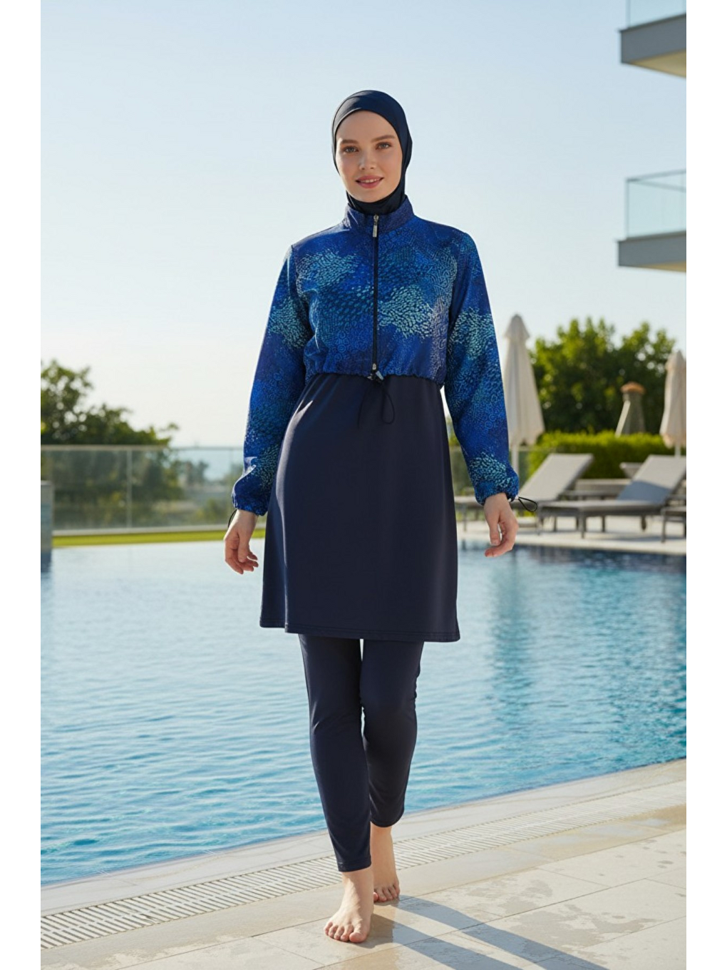 Lacivert Tam Kapalı Crop Model 6 Parça Tesettür Mayo 25292-3