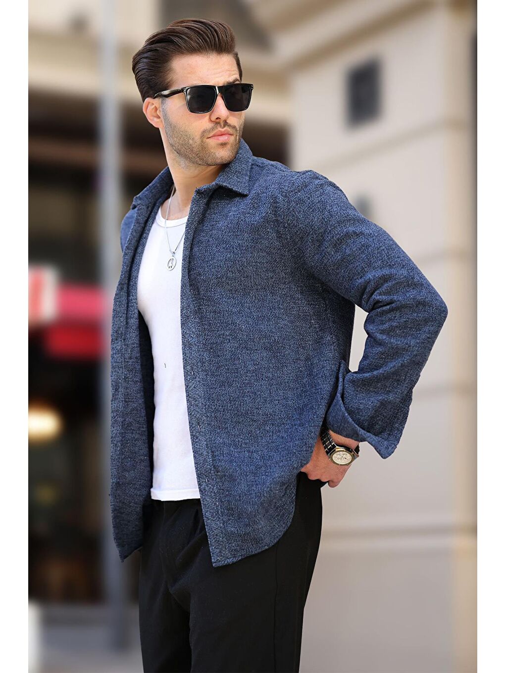 Lacivert Desenli Erkek Ceket Gömlek E6755