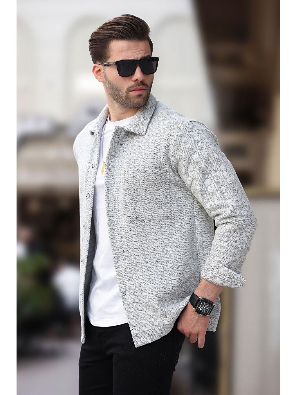 Gri Desenli Tek Cep Erkek Polar Gömlek 6752-2