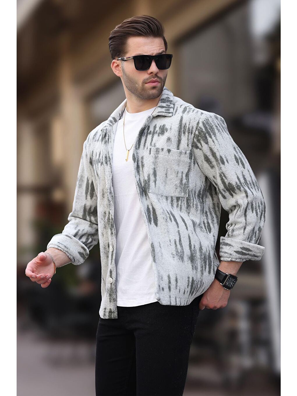Gri Desenli Tek Cepli Erkek Polar Gömlek 6750-1