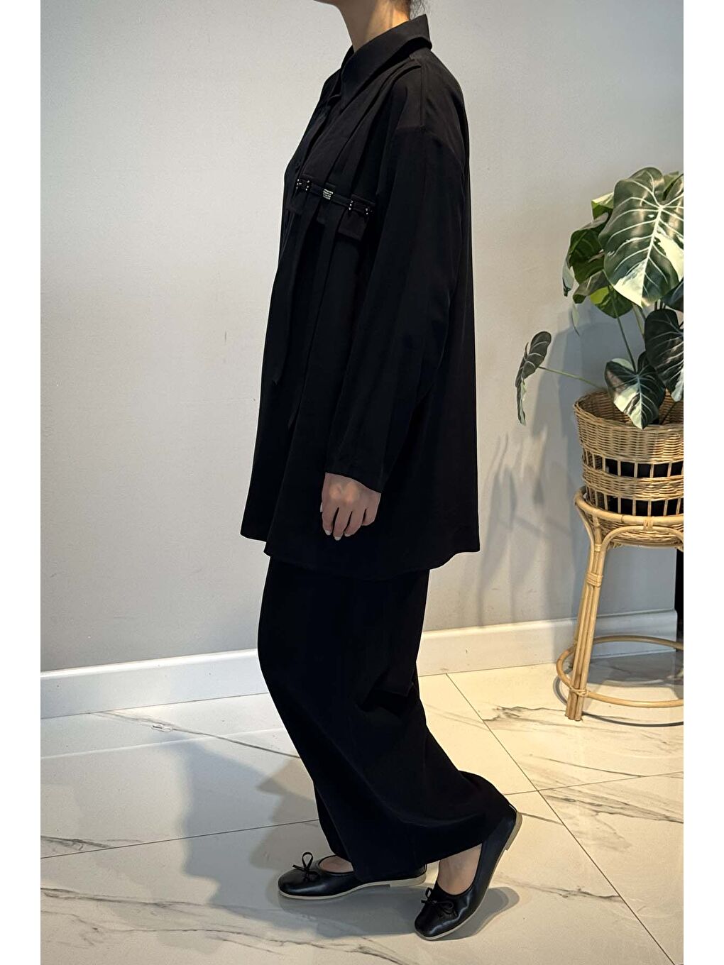 Tuniği Önden Düğmeli ve Boncuk İşlemeli Pantolonlu Takım 6938 Siyah-1