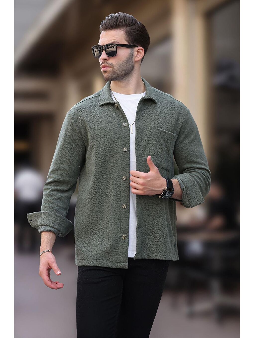 Haki Desenli Tek Cep Erkek Polar Gömlek 6752-2