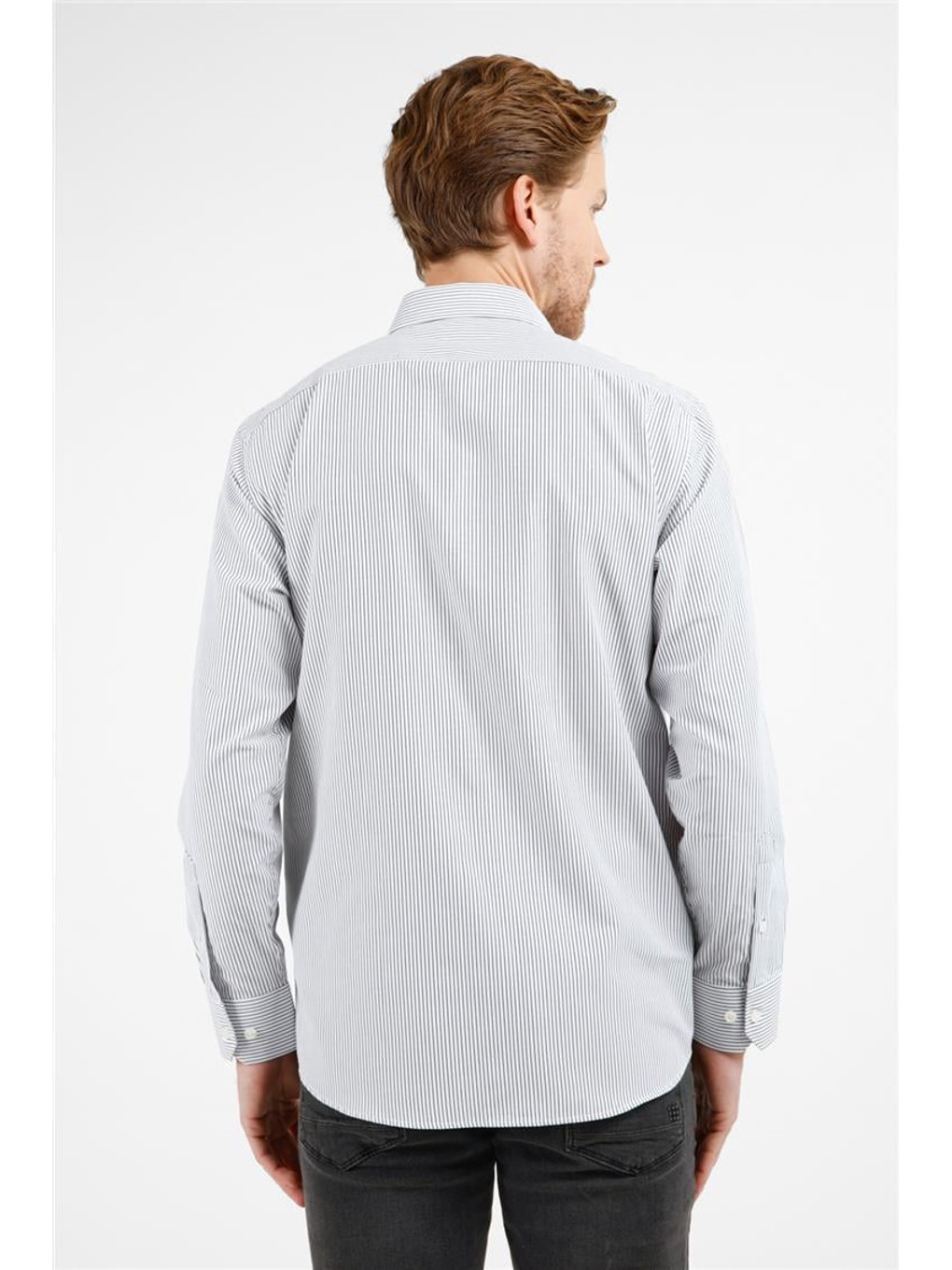 Beyaz - Siyah Çizgili Desen Sert Yaka Uzun Kol Cepli Comfort Fit Pamuklu Gömlek 1004255281-2