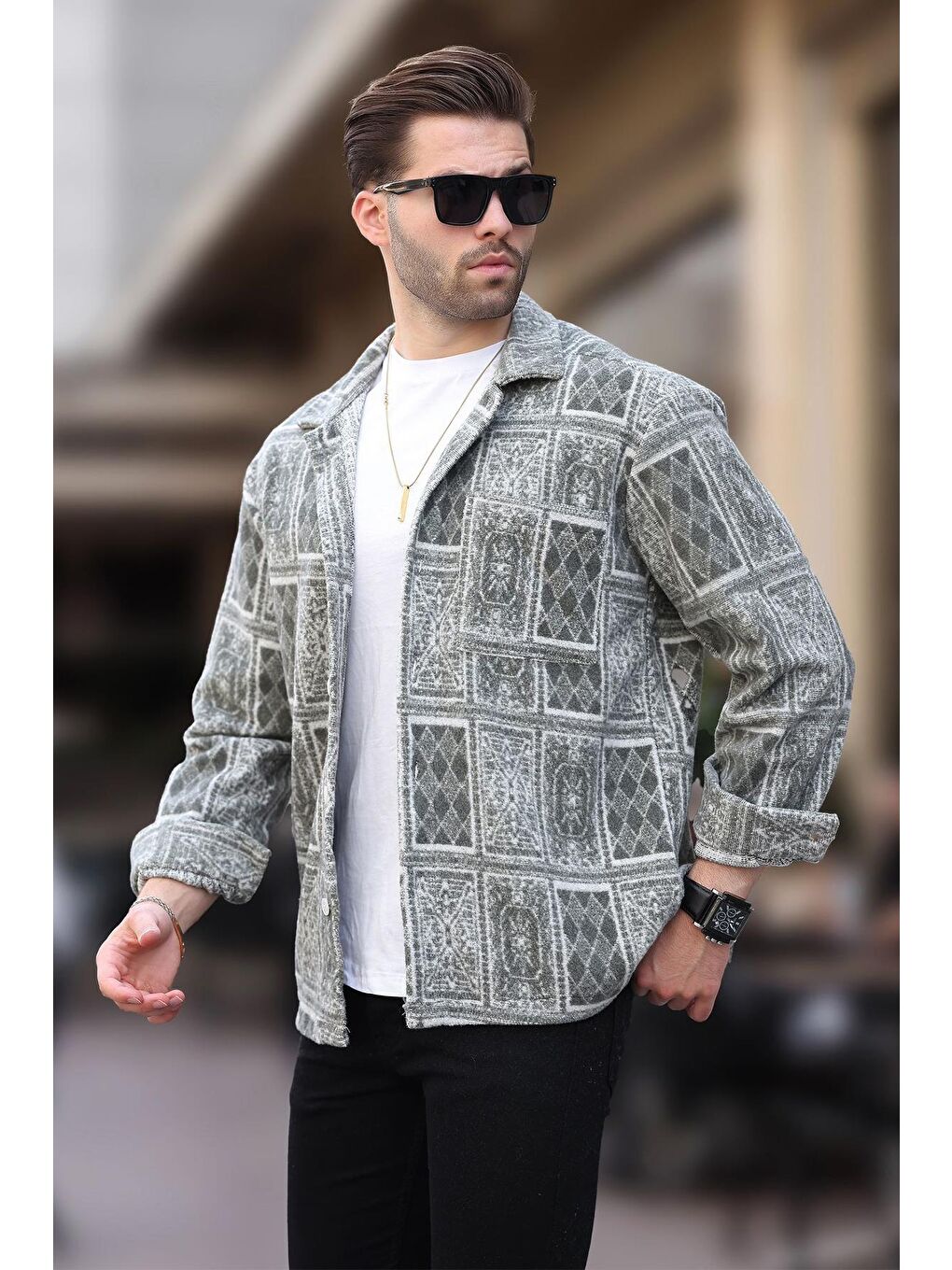 Haki Desenli Tek Cepli Erkek Polar %100 Pamuk Gömlek 6751-2