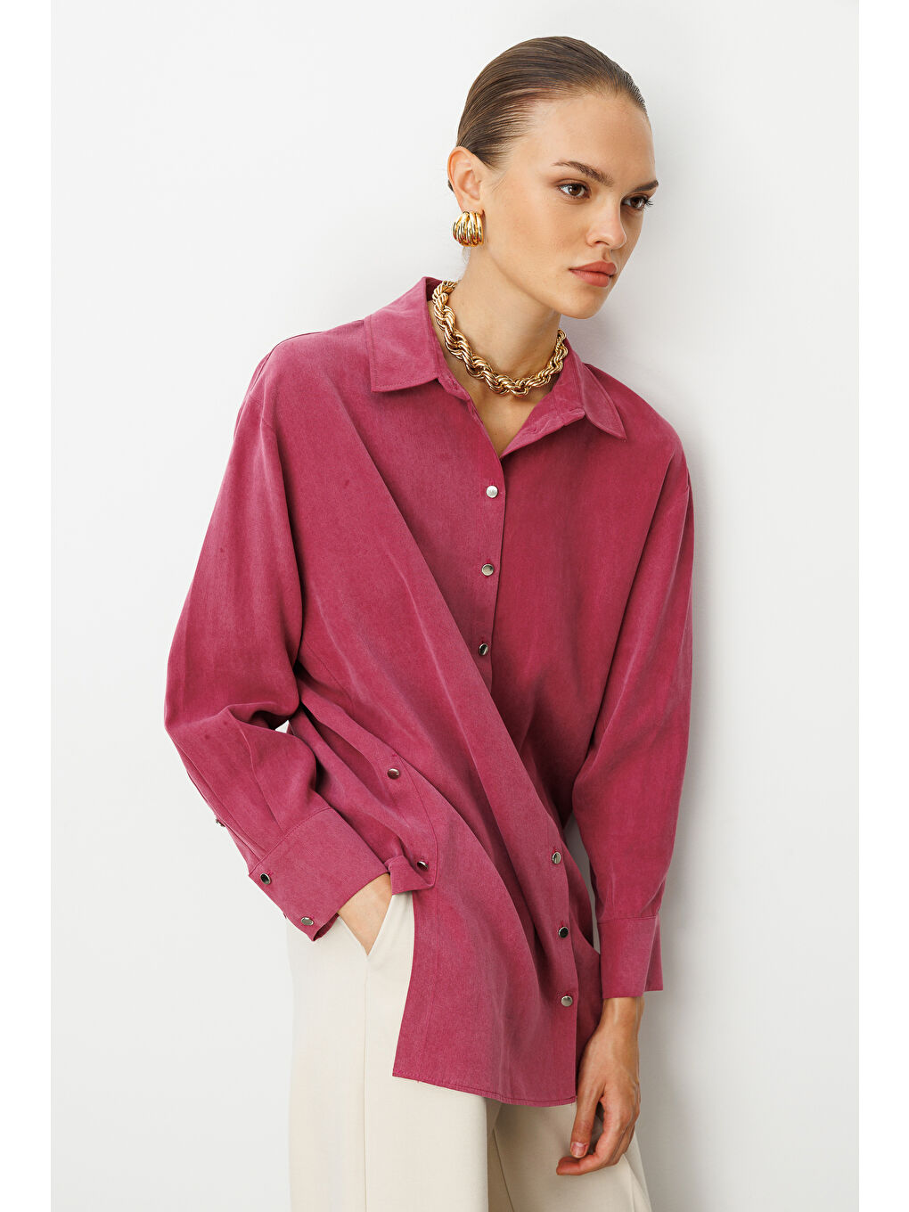 Yan Düğmeli Mürdüm Cupro Tunik-1