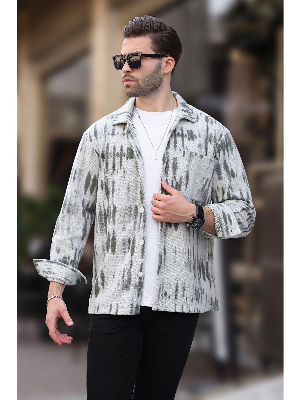 Gri Desenli Tek Cepli Erkek Polar Gömlek 6750-2