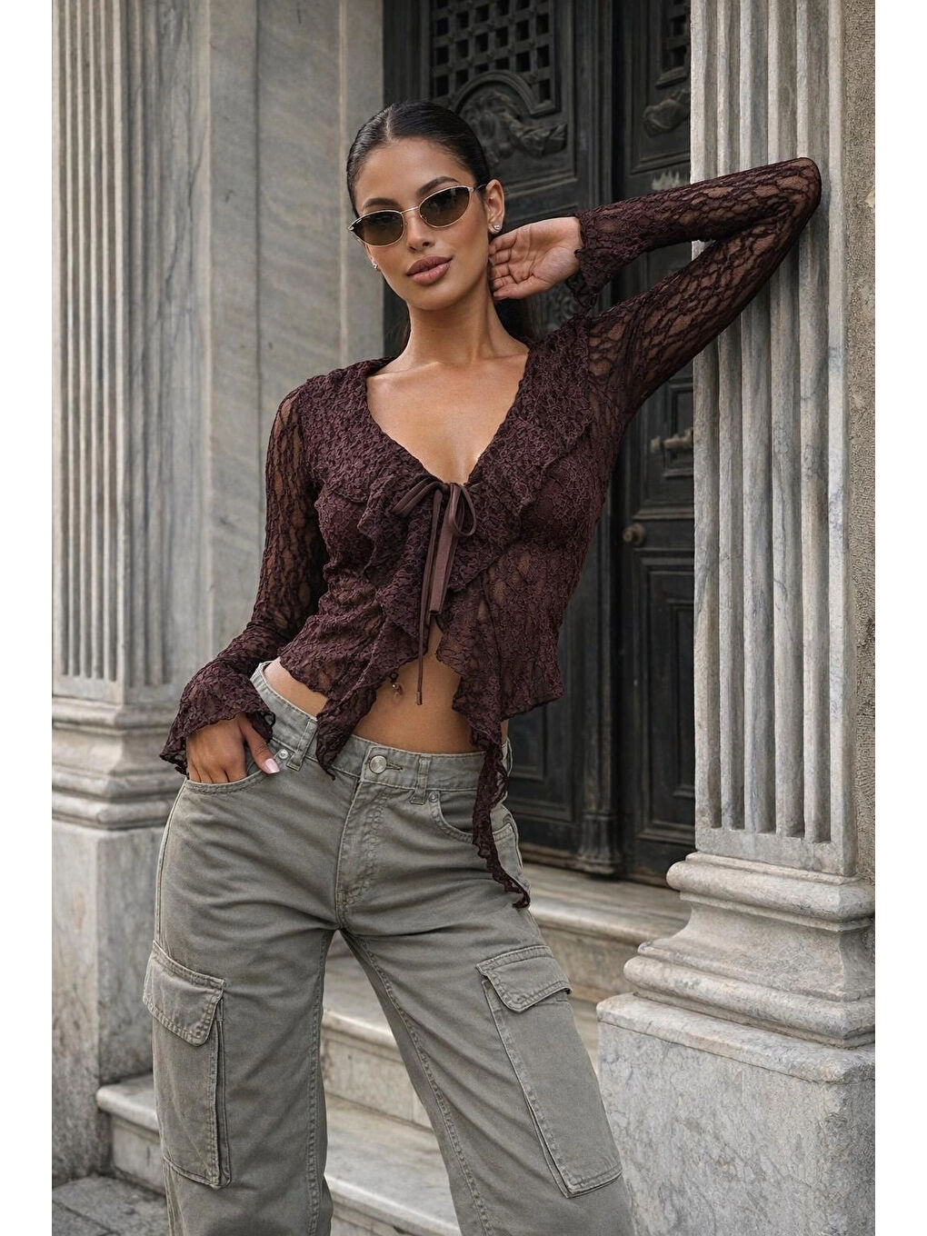 Kahverengi Kadın Kahve Dantel Bağlamalı Bluz 0600-0373-1