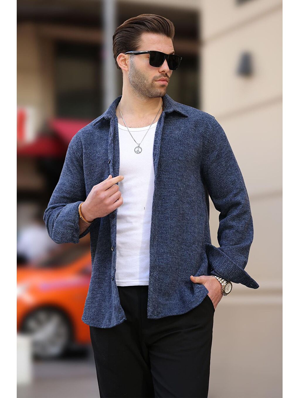 Lacivert Desenli Erkek Ceket Gömlek E6755-1