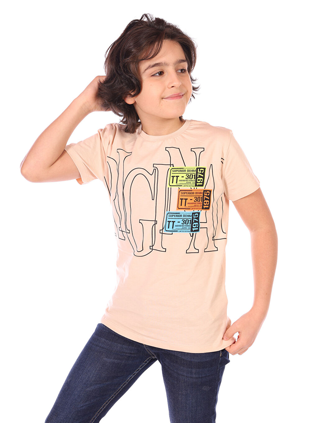 Bej Erkek Çocuk Original Baskılı Tişört-1