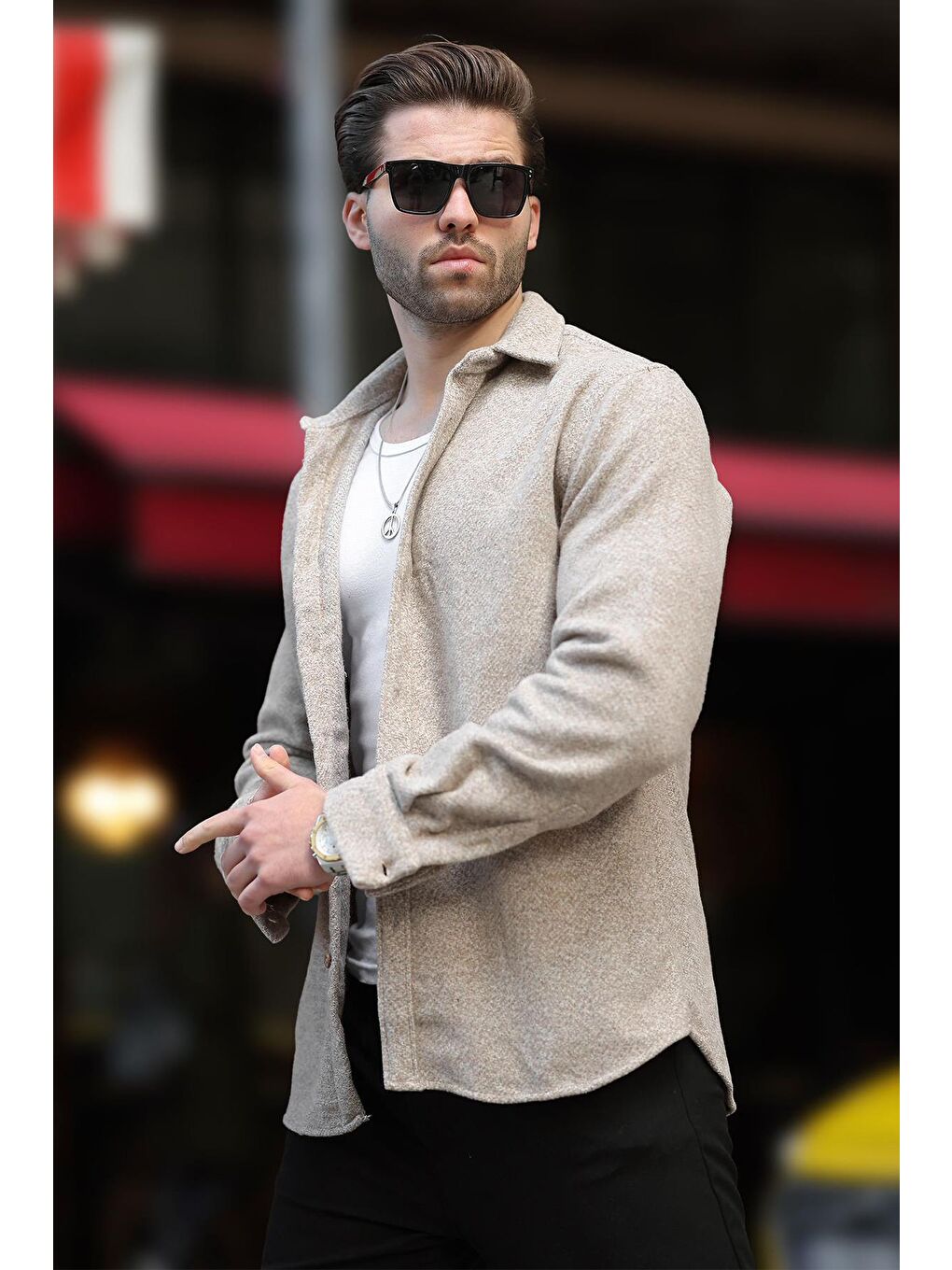 Bej Desenli Erkek Ceket Gömlek E6755-1