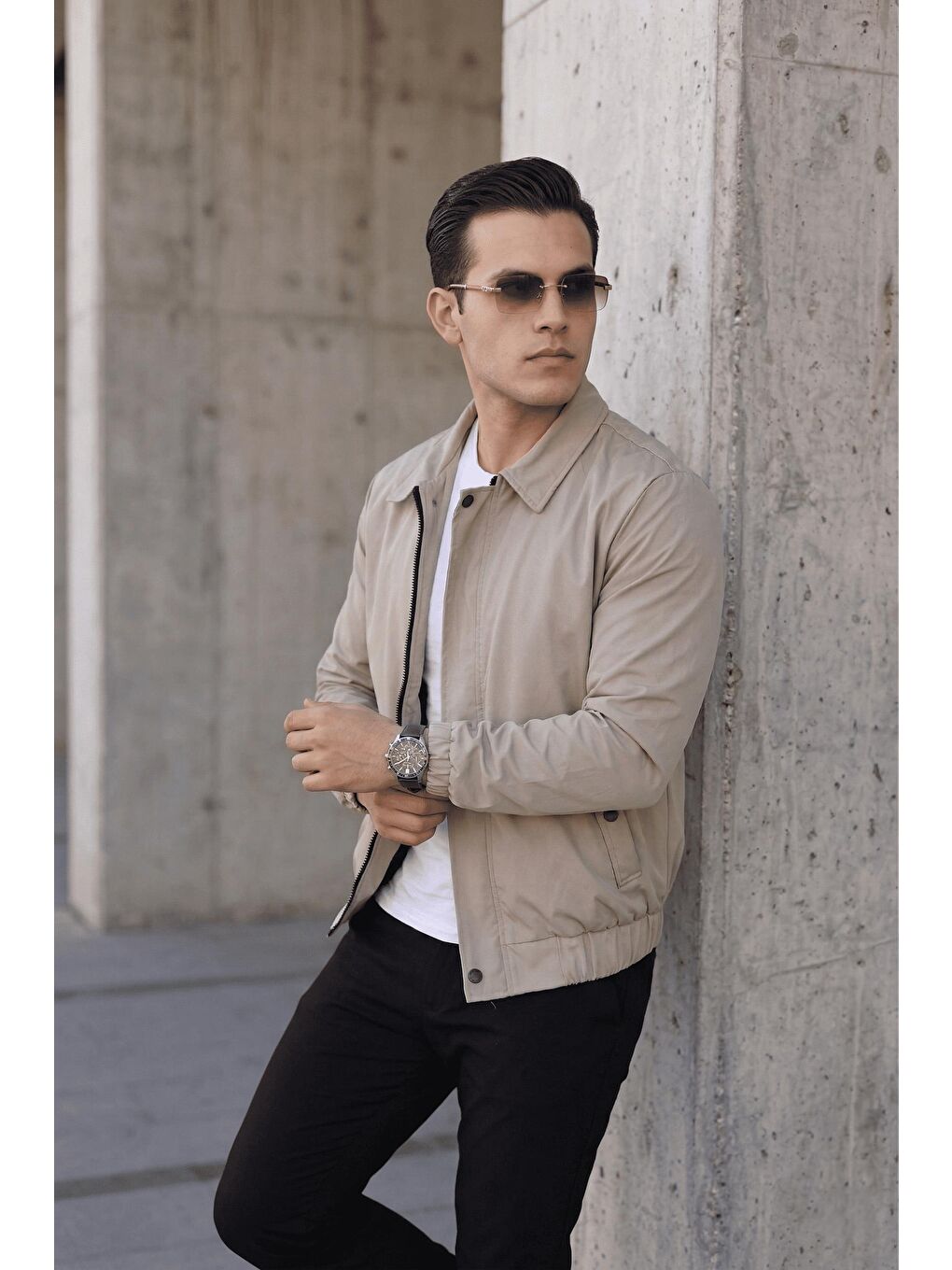 Bej Muxi Slim Fit Fermuarlı ve Çıtçıt Korumalı Astarlı Suya Dayanıklı Erkek Mevsimlik Bomber Ceket-2