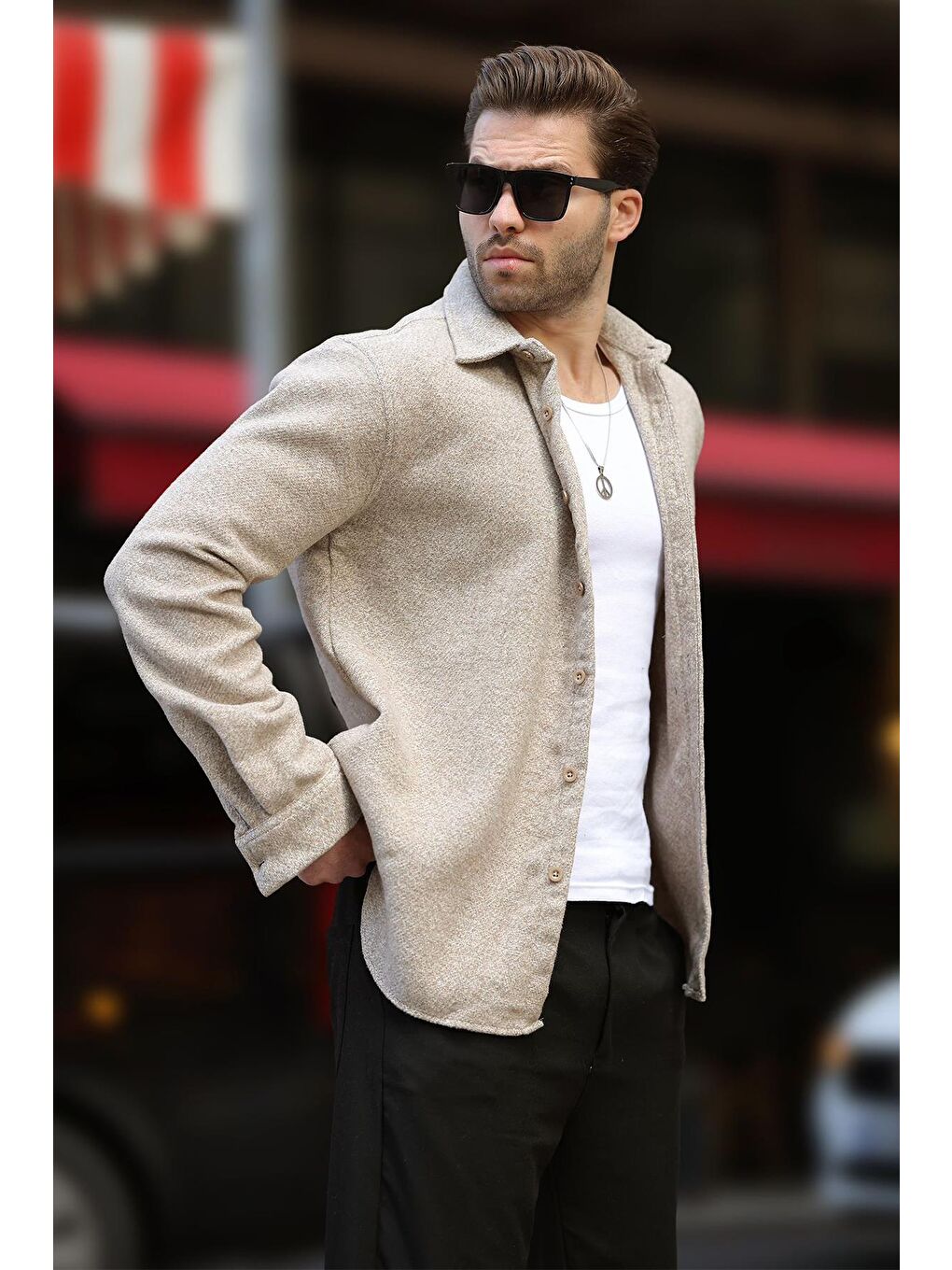 Bej Desenli Erkek Ceket Gömlek E6755-2