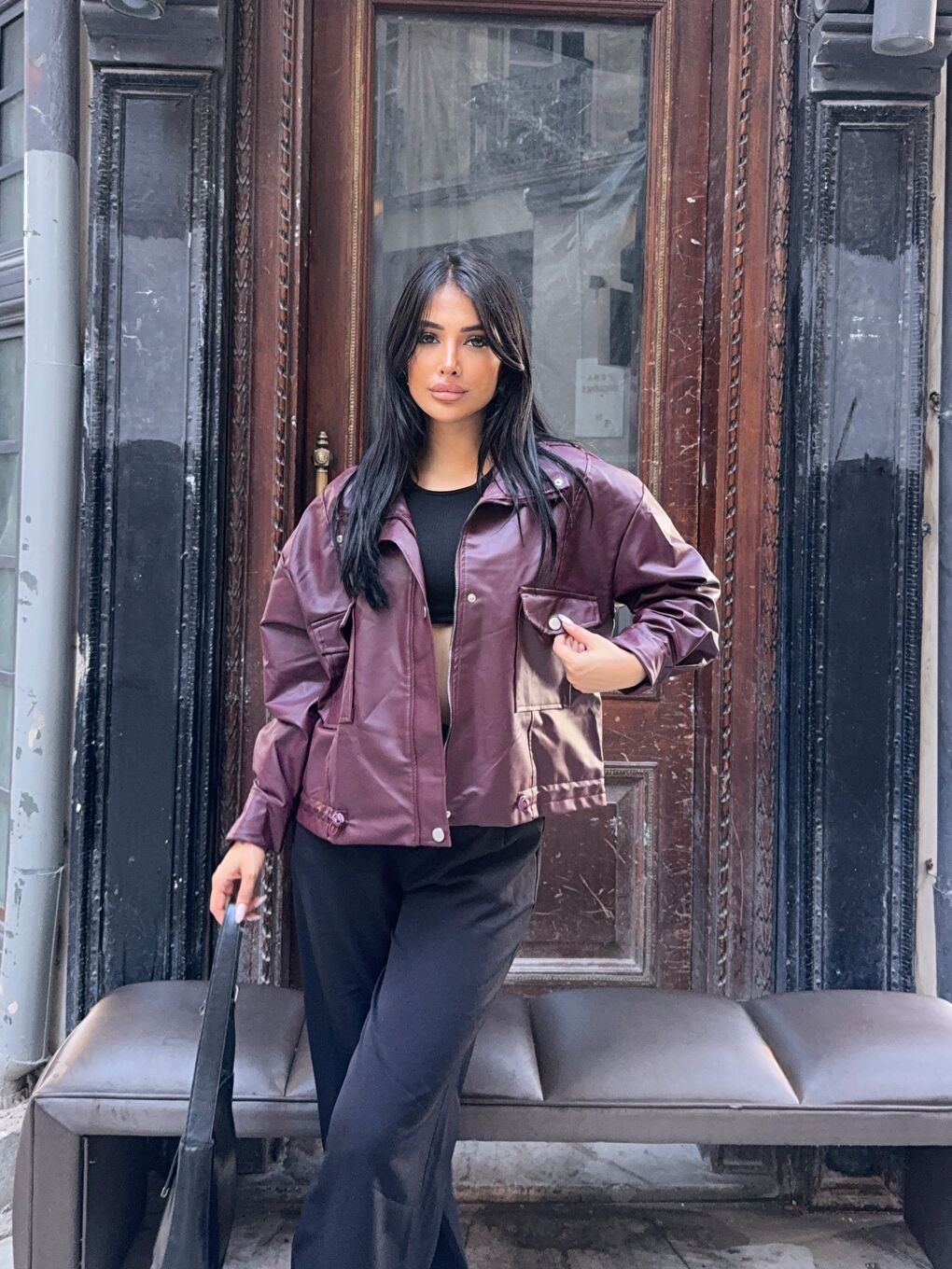 Bordo Bel Lastik Detay Deri Ceket-1