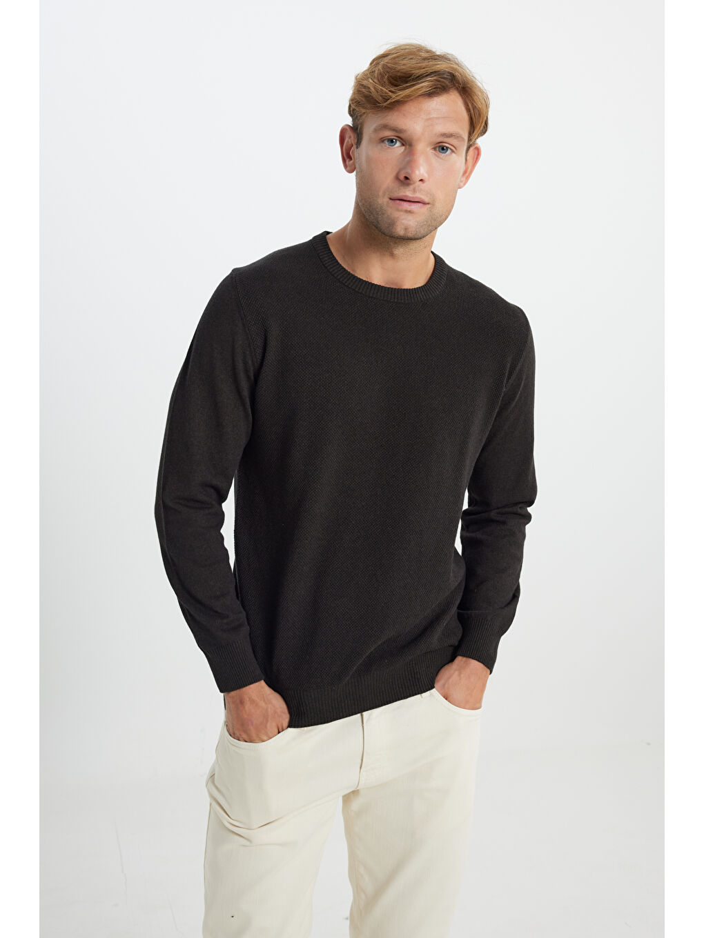 Erkek Kahverengi Pamuklu Standart Fit Normal Kesim Bisiklet Yaka Jakarlı Triko Kazak-2