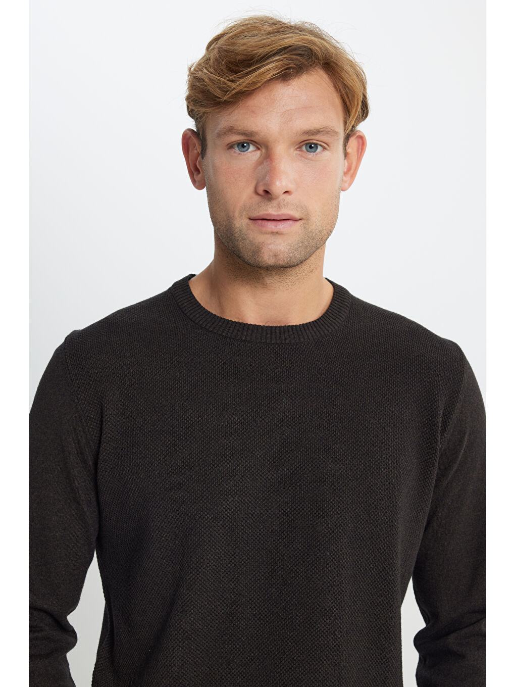 Erkek Kahverengi Pamuklu Standart Fit Normal Kesim Bisiklet Yaka Jakarlı Triko Kazak-3