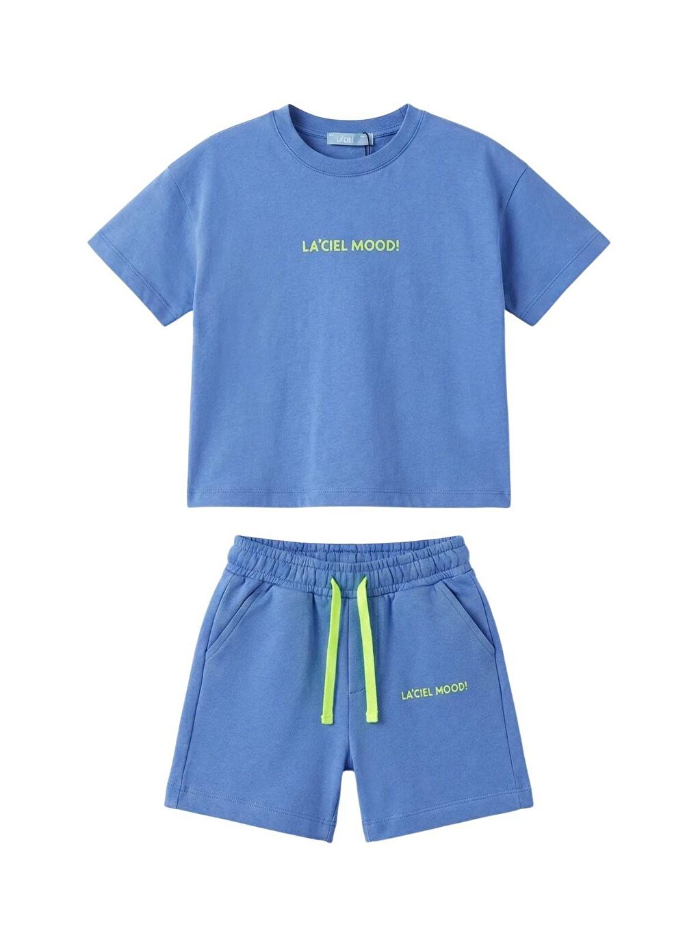 Erkek Çocuk Pamuklu Mavi Slogan Baskılı T-Shirt Ve Şort Eşofman Takım - Neon Bağcıklı-1