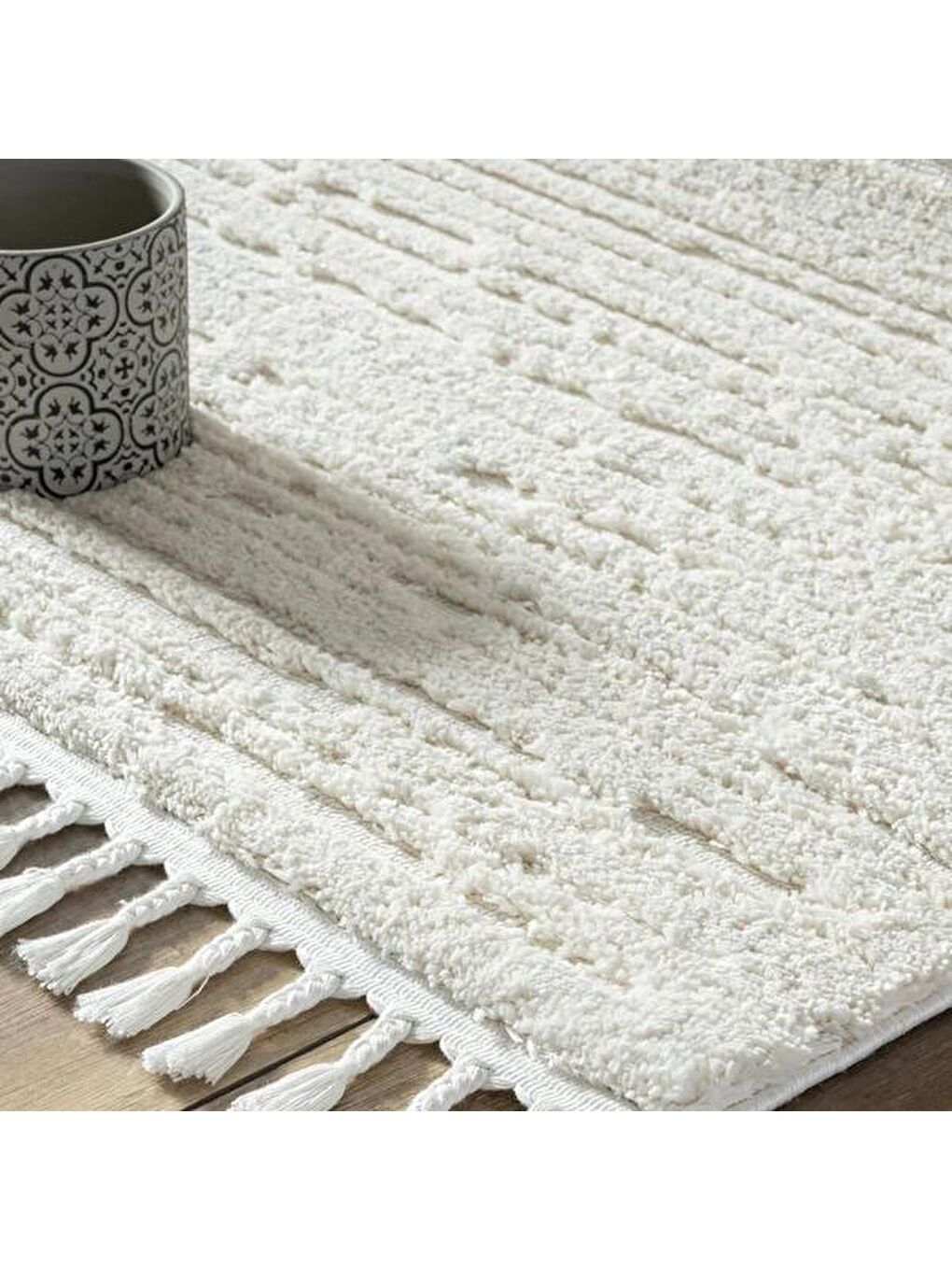 Ekru Bilbao White Swan Saçaklı Çizgi Desenli Halı - Krem - 120x180 cm-1