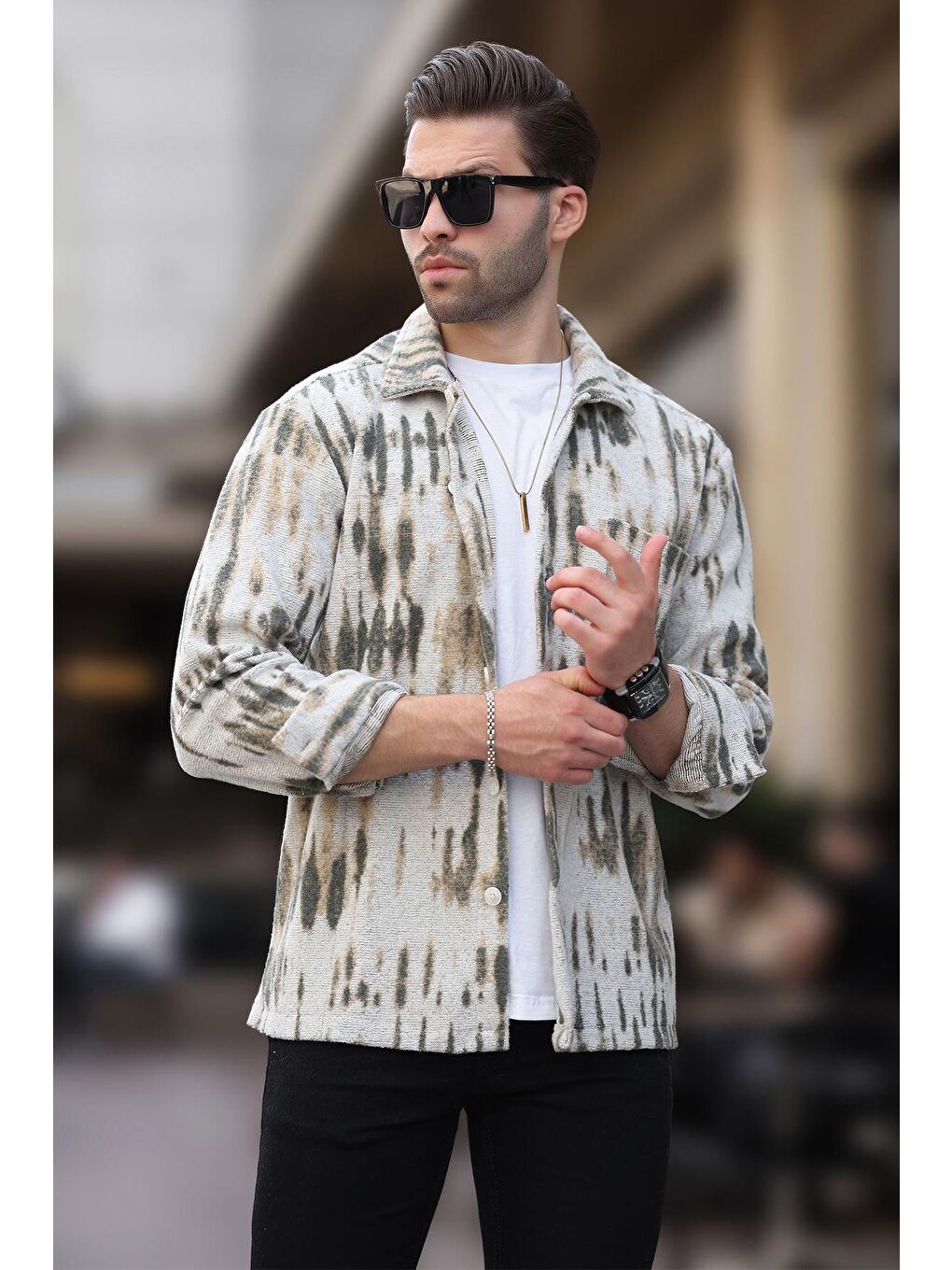 Haki Desenli Tek Cepli Erkek Polar Gömlek 6750-1