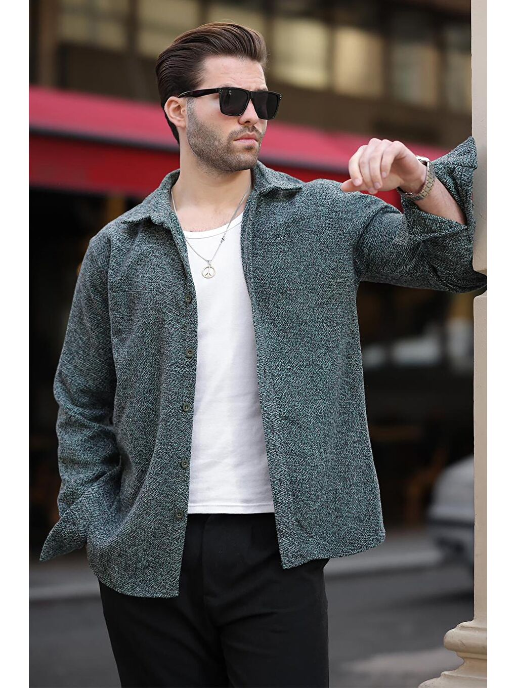 Yeşil Desenli Erkek Ceket Gömlek E6755