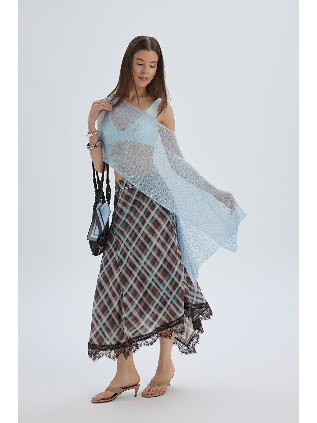 Maffy Dantel Detay Ekoseli Mavi Midi Etek-1