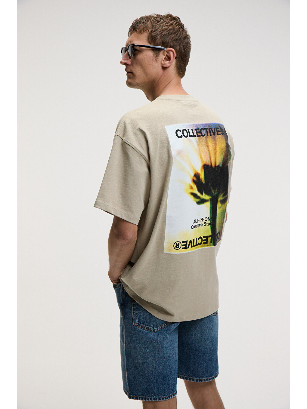 Bej Collectıve Erkek Ön Nakış Arka Baskı Detaylı %100 Organik Pamuk Oversize Kısa Kol Taş T-shirt-1
