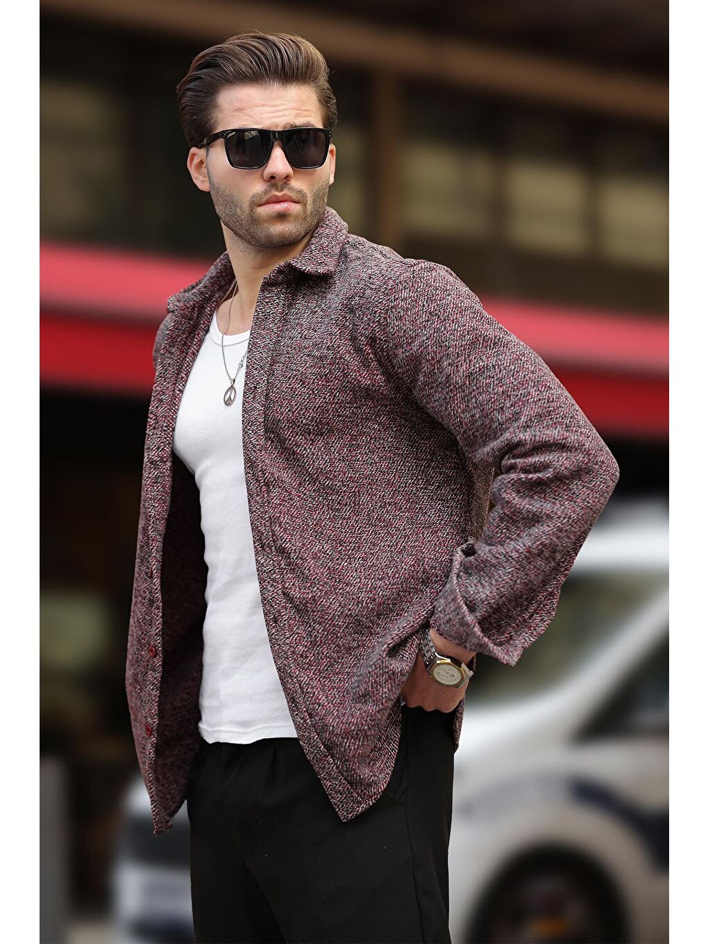 Kırmızı Desenli Erkek Ceket Gömlek E6755-1