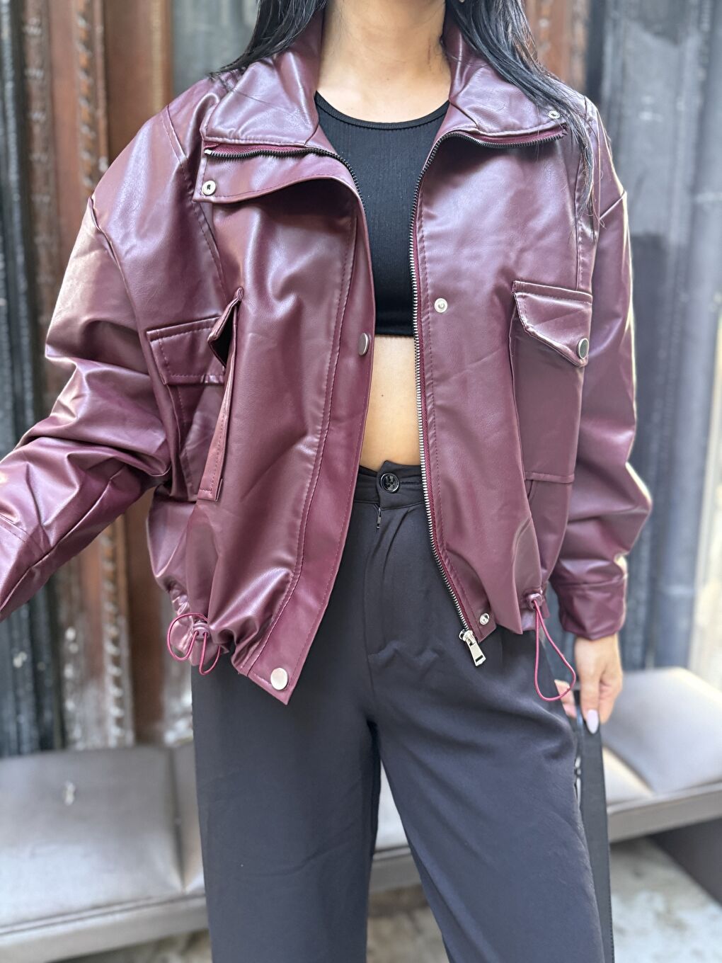 Bordo Bel Lastik Detay Deri Ceket-2