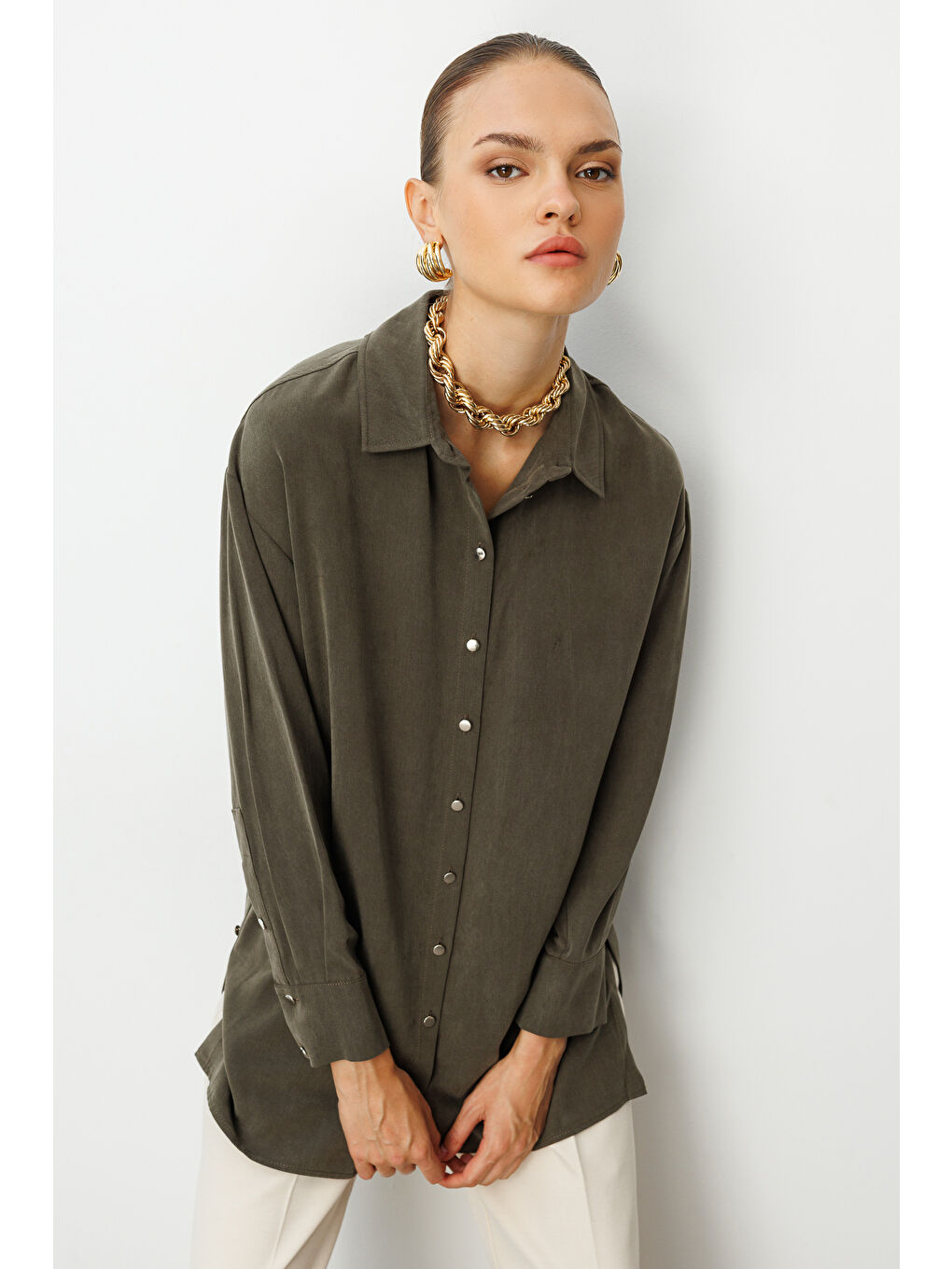 Yan Düğmeli Haki Cupro Tunik-2