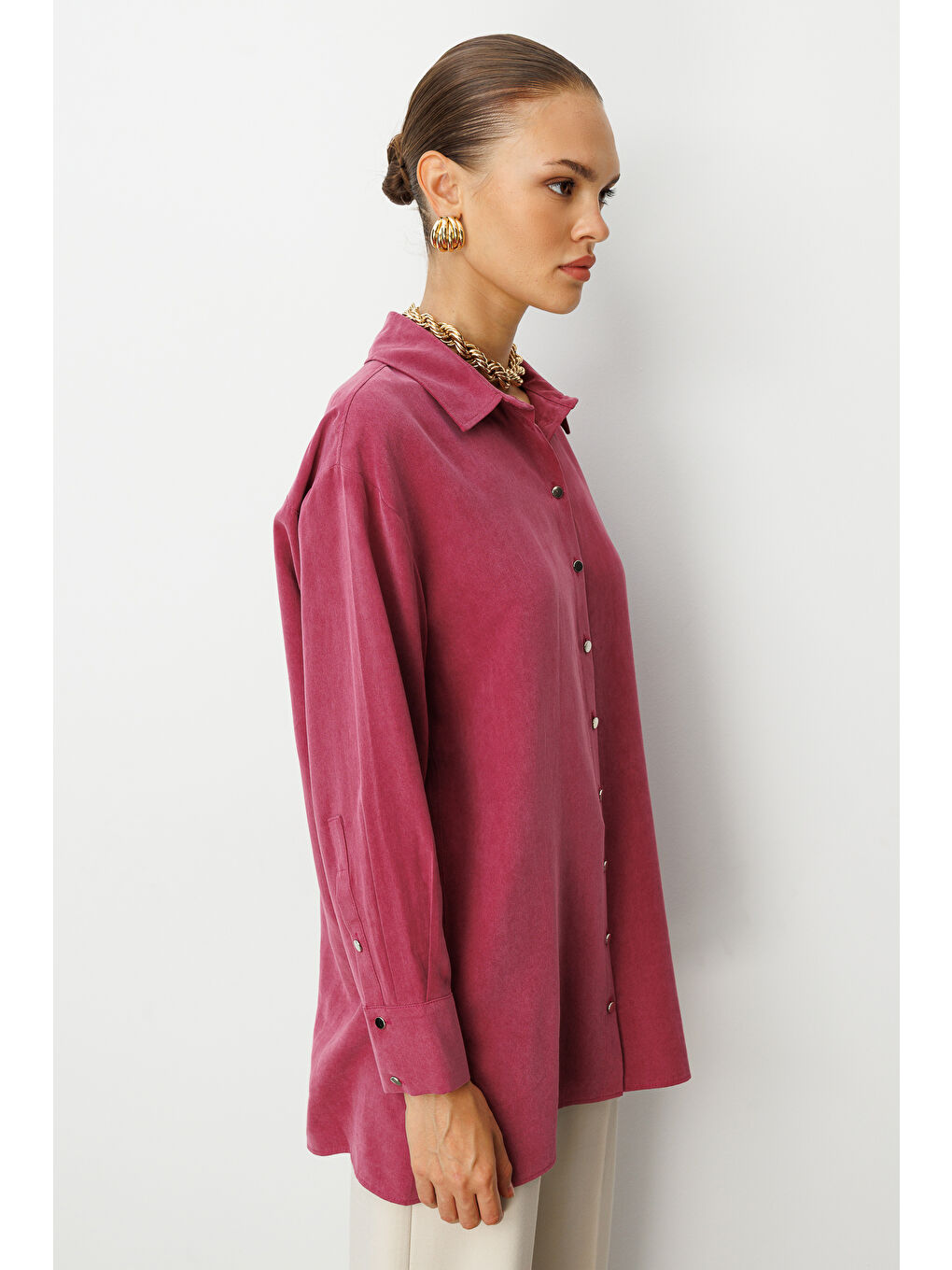 Yan Düğmeli Mürdüm Cupro Tunik-2