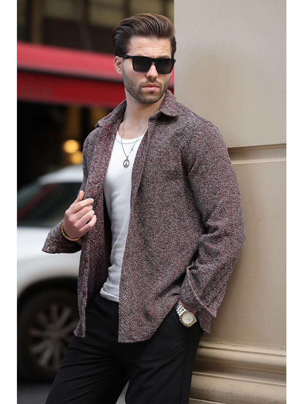 Kırmızı Desenli Erkek Ceket Gömlek E6755-2