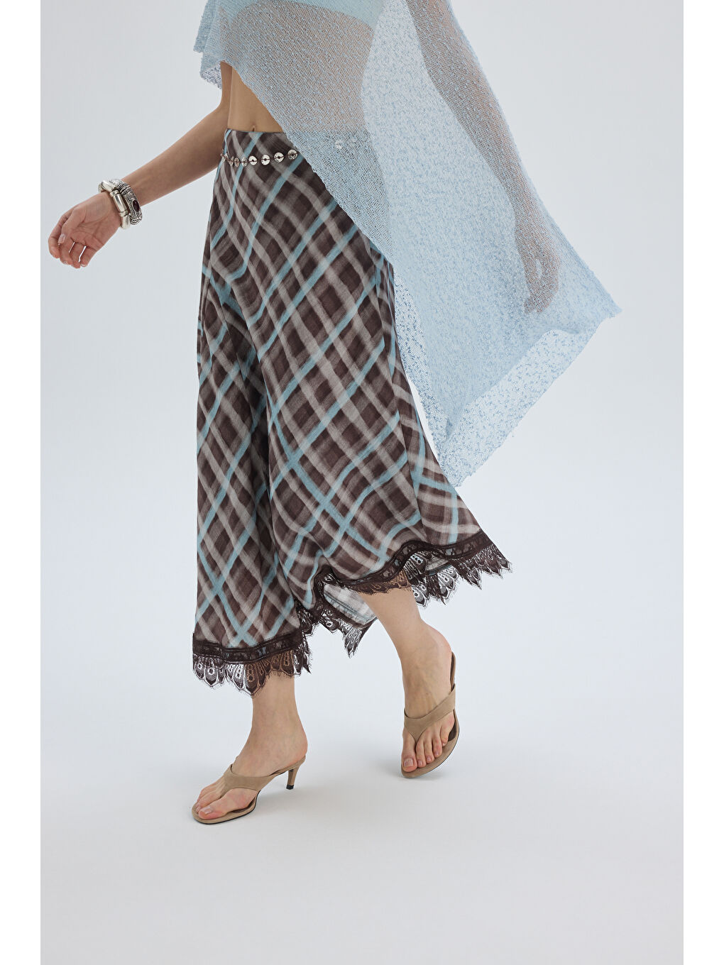 Maffy Dantel Detay Ekoseli Mavi Midi Etek-2