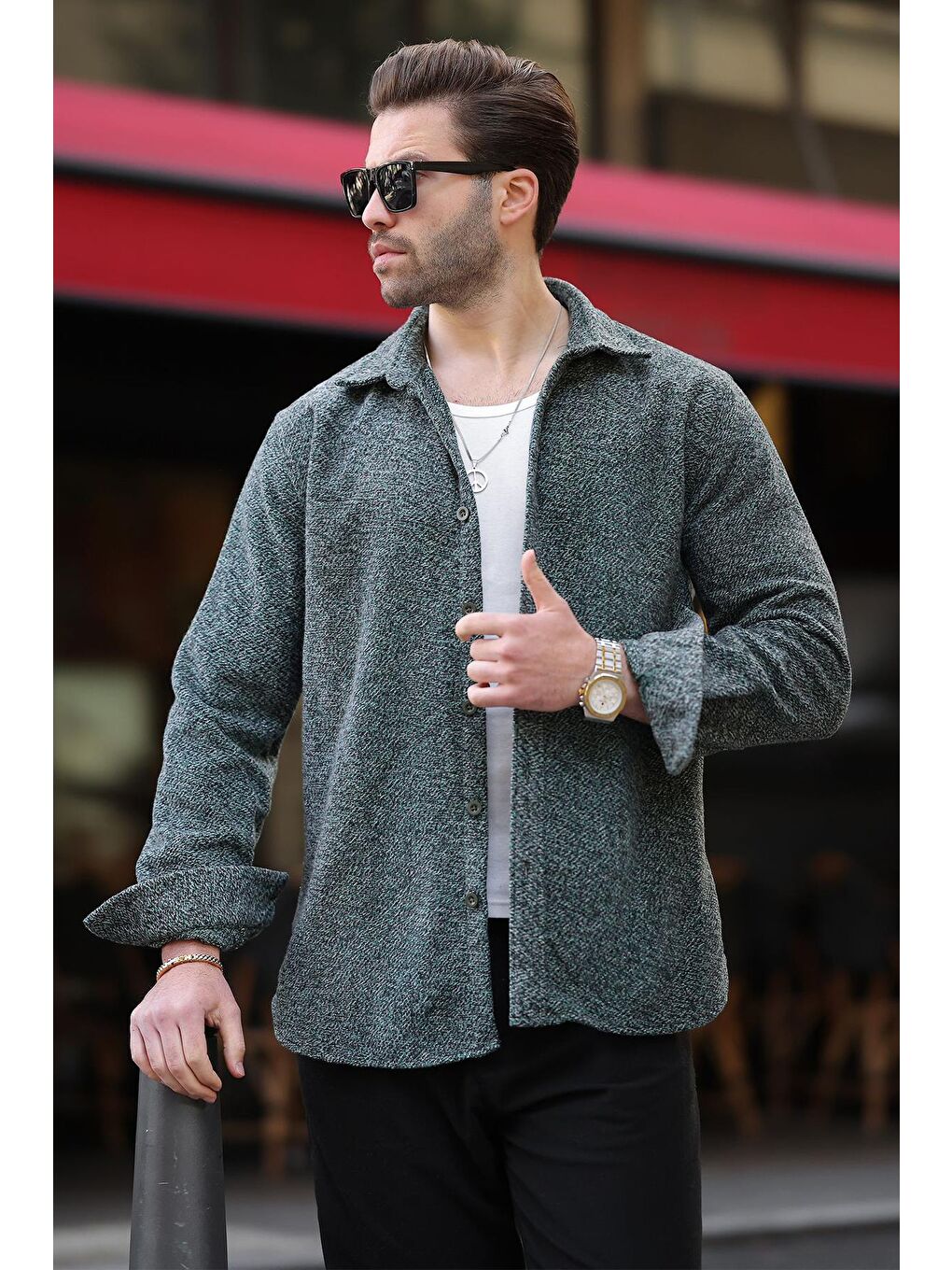 Yeşil Desenli Erkek Ceket Gömlek E6755-2