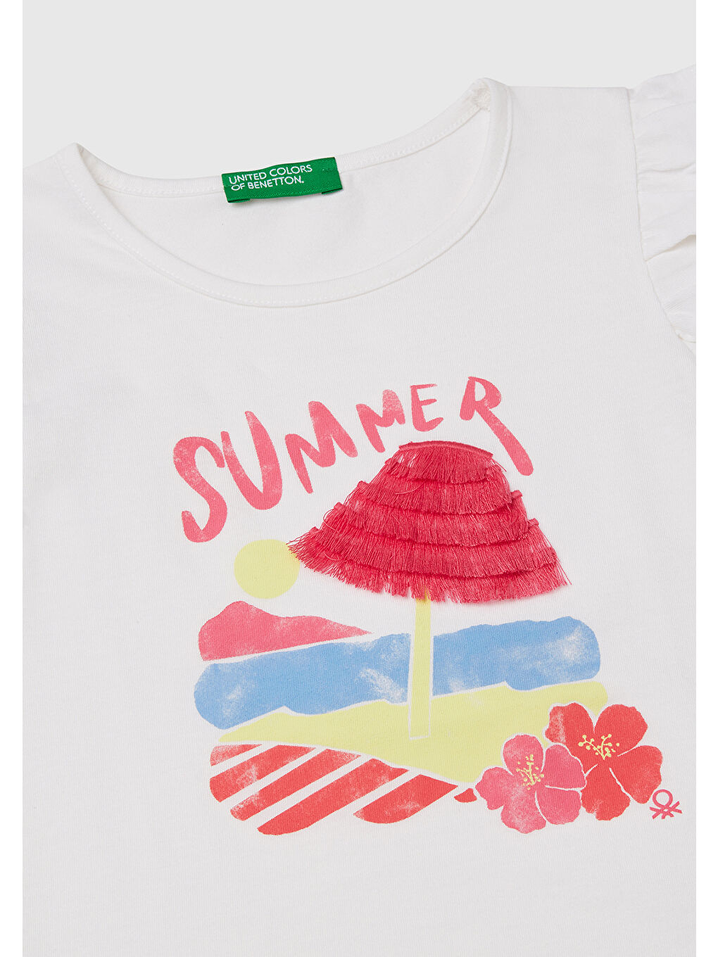 Kız Çocuk Beyaz Mix Önü Baskılı Pile Kollu T-Shirt-2