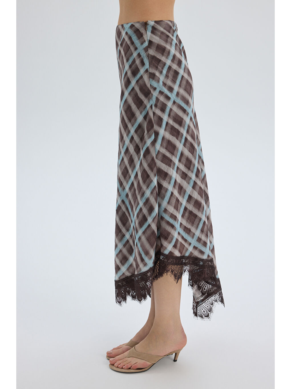 Maffy Dantel Detay Ekoseli Mavi Midi Etek-3