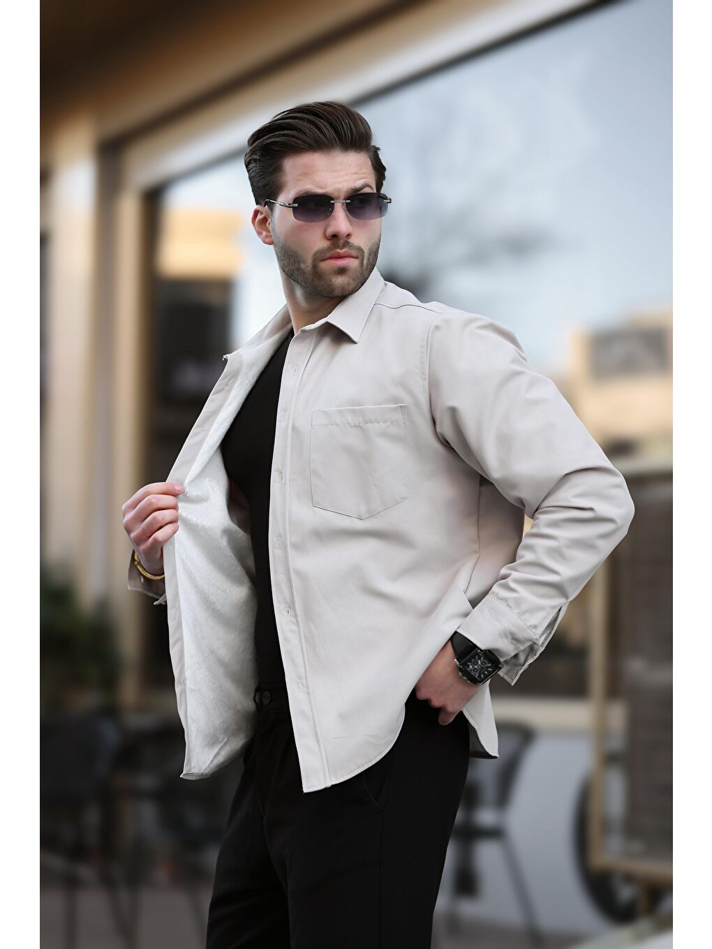 Bej İçi Polarlı Erkek Gömlek E6759-1