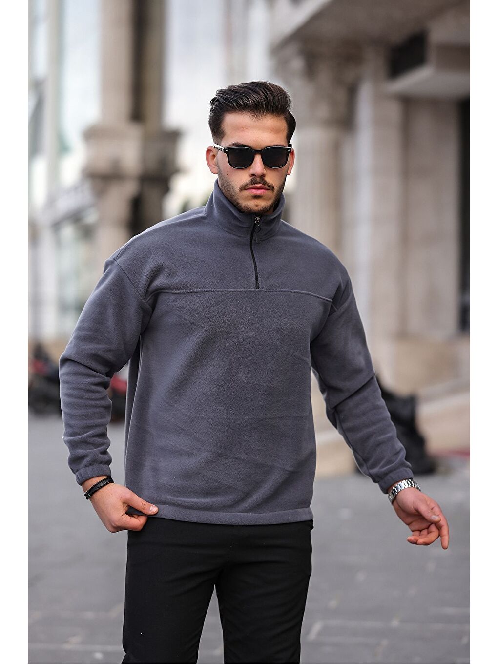 Gri Yarım Fermuarlı Polar Sweatshirt