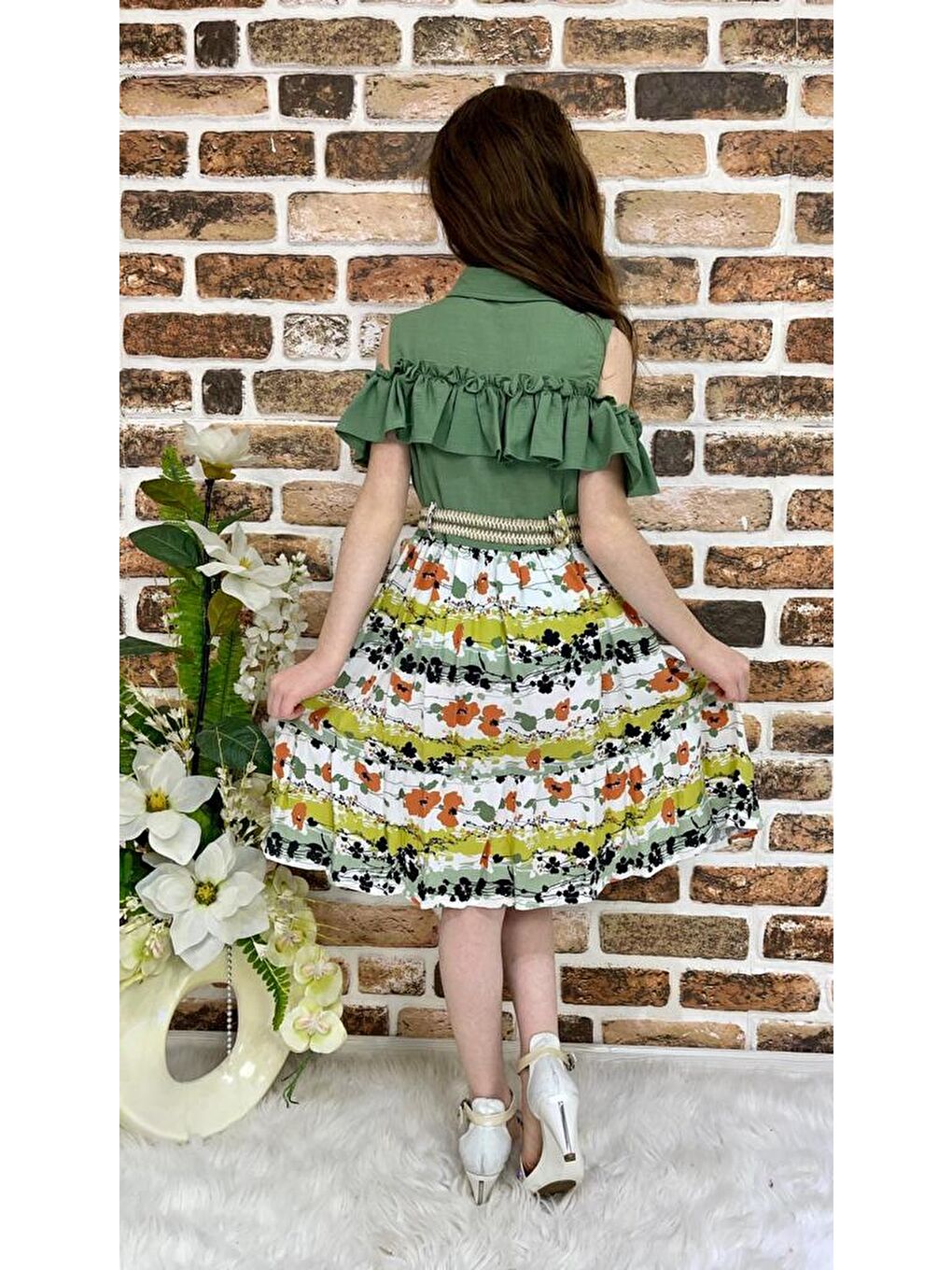 Yeşil Çiçekli Viskon Gömlek Yaka Yazlık Kız Çocuk Elbise-5