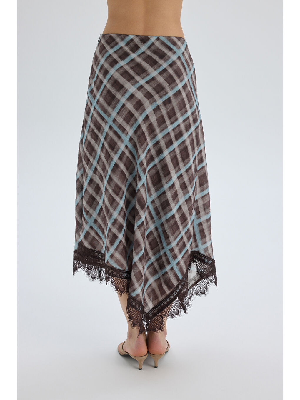 Maffy Dantel Detay Ekoseli Mavi Midi Etek-4