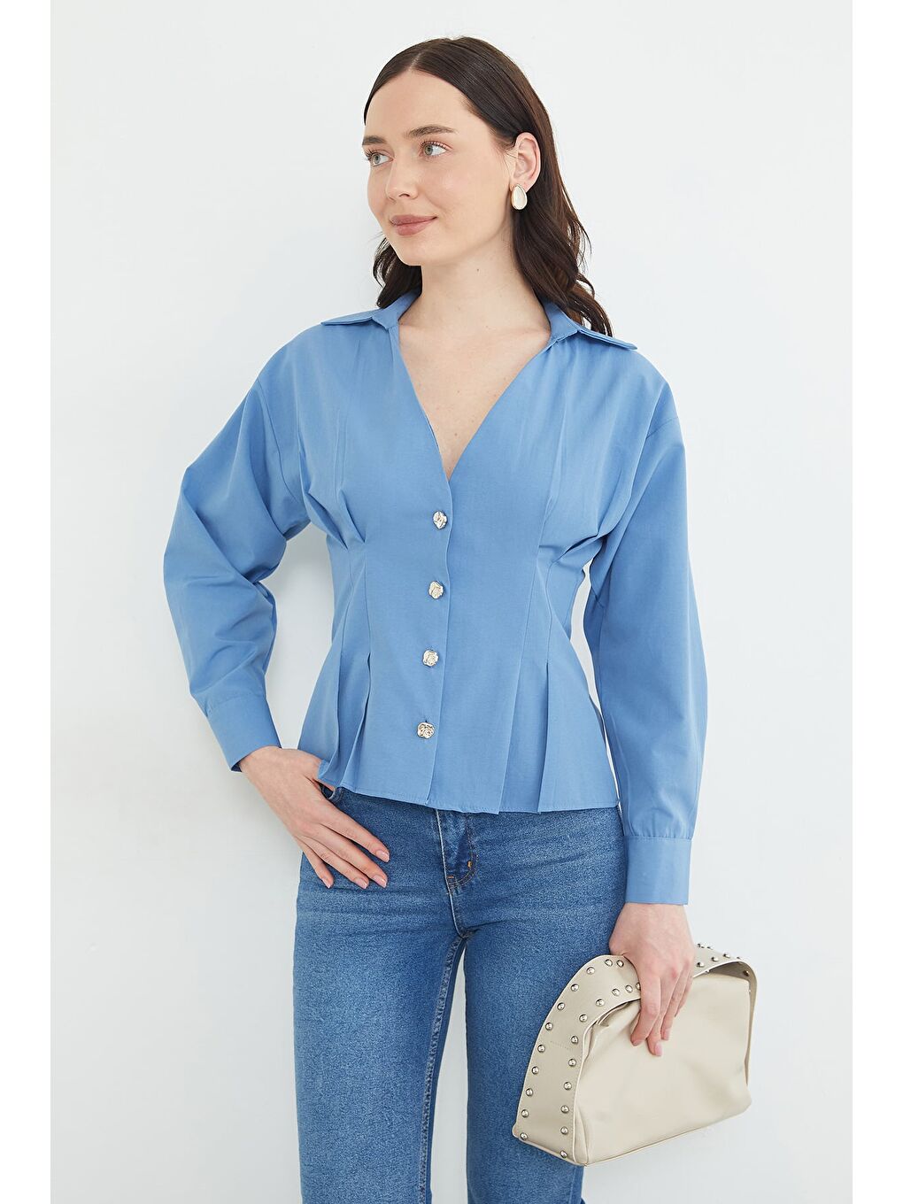 Mavi Beli Pensli Pileli  Gömlek-1