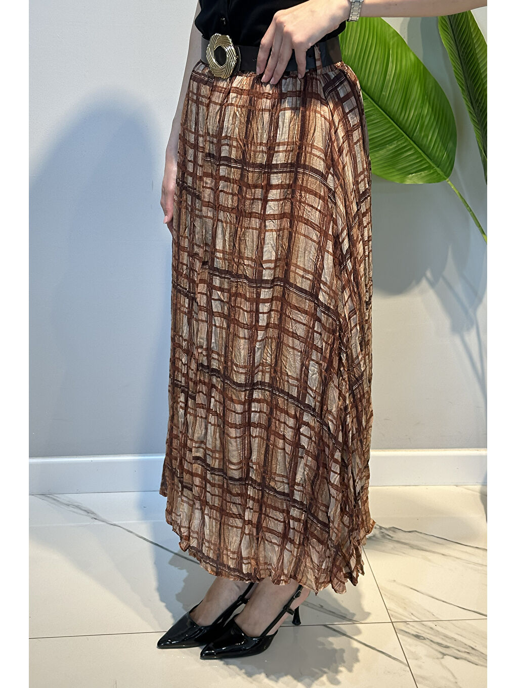 Kahverengi Ekose Desen Pamuklu Şifon Etek 180024 Kiremit-2