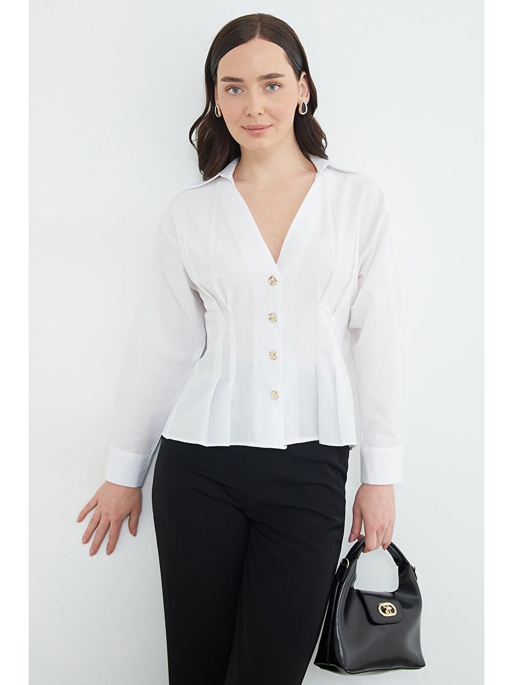 Beyaz Beli Pensli Pileli  Gömlek-1