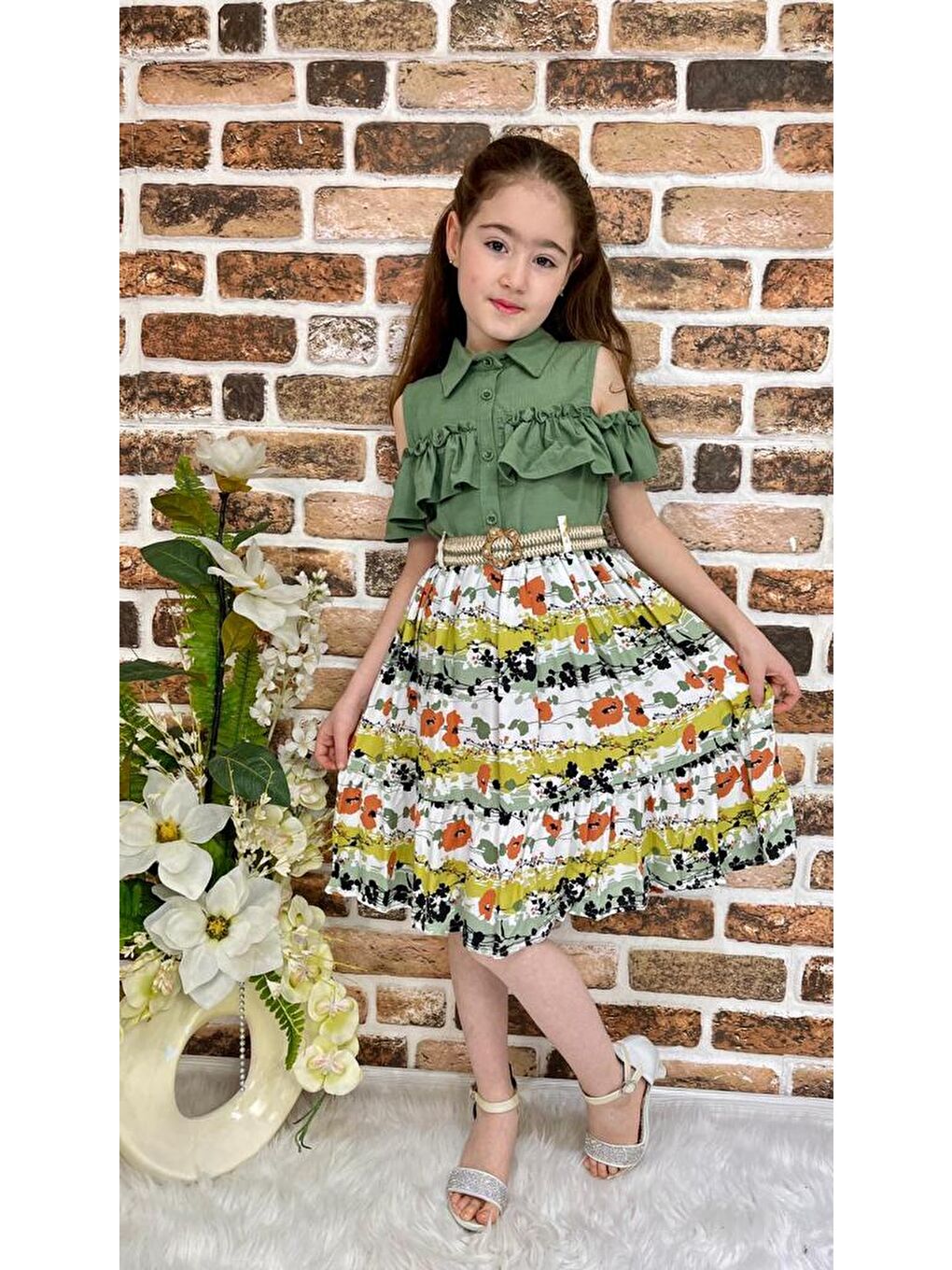 Yeşil Çiçekli Viskon Gömlek Yaka Yazlık Kız Çocuk Elbise-6