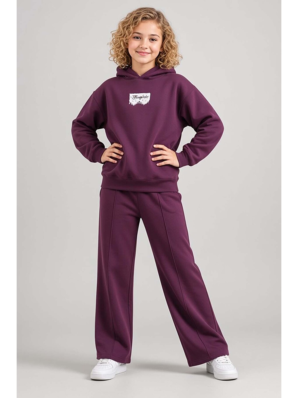Kız Çocuk Üzeri Dantel Bonjour Yazı Detaylı Kapüşonlu Sweatshirt Bol Kesim Mürdüm Eşofman Takım