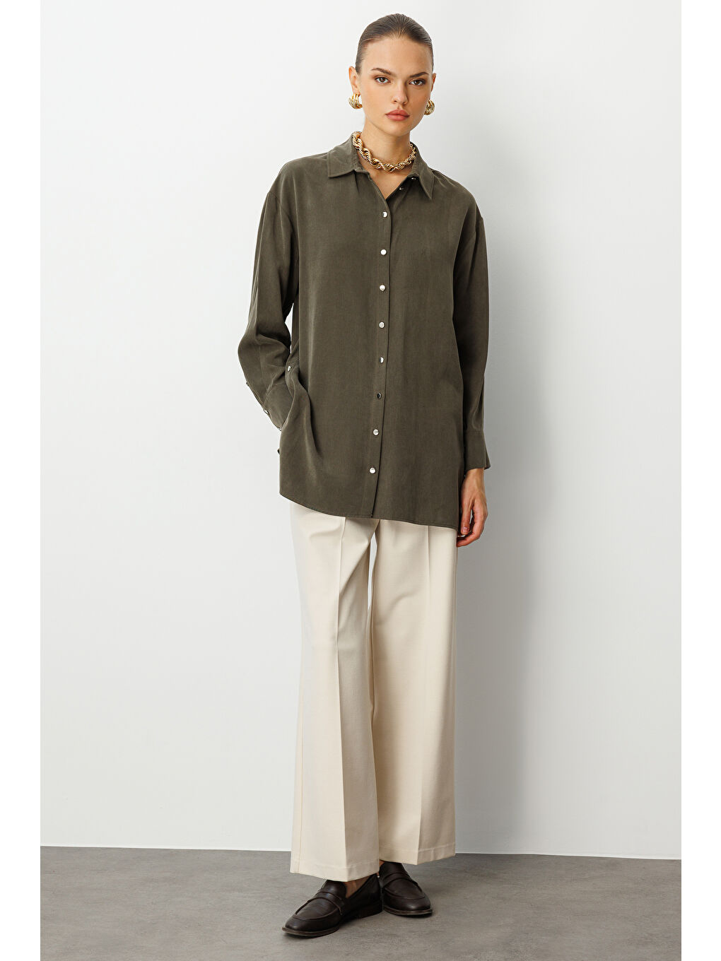 Yan Düğmeli Haki Cupro Tunik-3