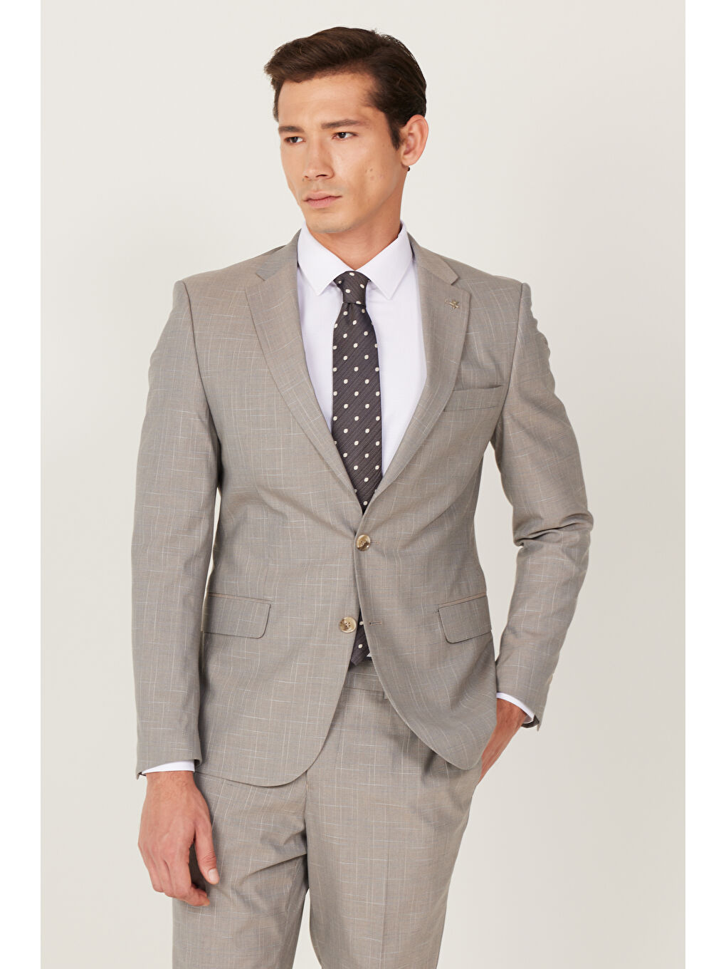 Erkek Bej Ekstra Slim Fit Dar Kesim Mono Yaka Desenli Takım Elbise