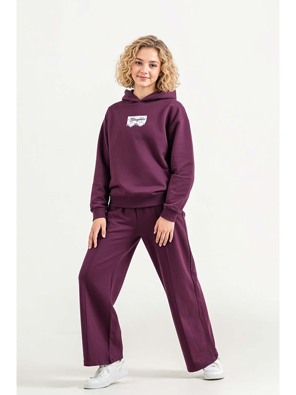 Kız Çocuk Üzeri Dantel Bonjour Yazı Detaylı Kapüşonlu Sweatshirt Bol Kesim Mürdüm Eşofman Takım-1